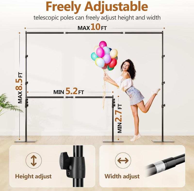 EMART Backdrop Stand, 8.5ft Height 10ft Width Adjustable Photography Background Support Poles with Heavy Duty Flat Base, Photo Metal Steel Pipe and Drape Frame Kit for Parties Birthday Wedding - Black - Image 2